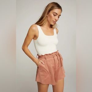 GOOD AMERICAN Snatched Paperbag Waist Faux Suede Shorts in dusty rose